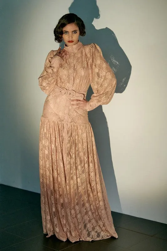 Peach Pink Button Front Lace Maxi Dress