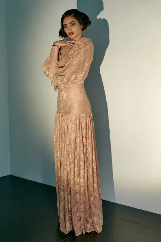 Peach Pink Button Front Lace Maxi Dress