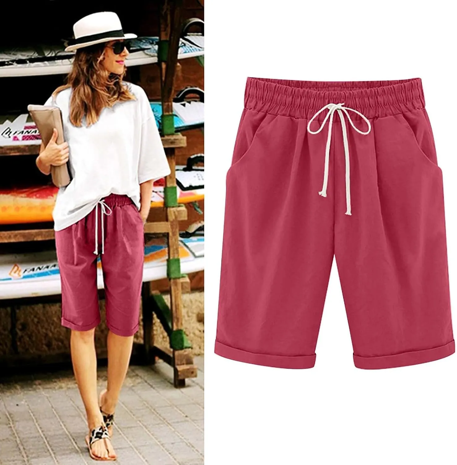 Qeaghou Bermuda Shorts for Women Knee Length Cotton Linen Casual Shorts Drawstring High Waisted Shorts Jogger Athletic Shorts