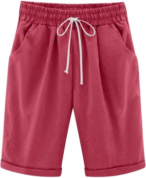 Qeaghou Bermuda Shorts for Women Knee Length Cotton Linen Casual Shorts Drawstring High Waisted Shorts Jogger Athletic Shorts