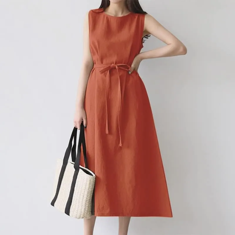 Summer Dresses for Women 2025 Vacation Maxi Sleeveless Round Neck Linen Dresses Tie Waist Casual Business Long Dress