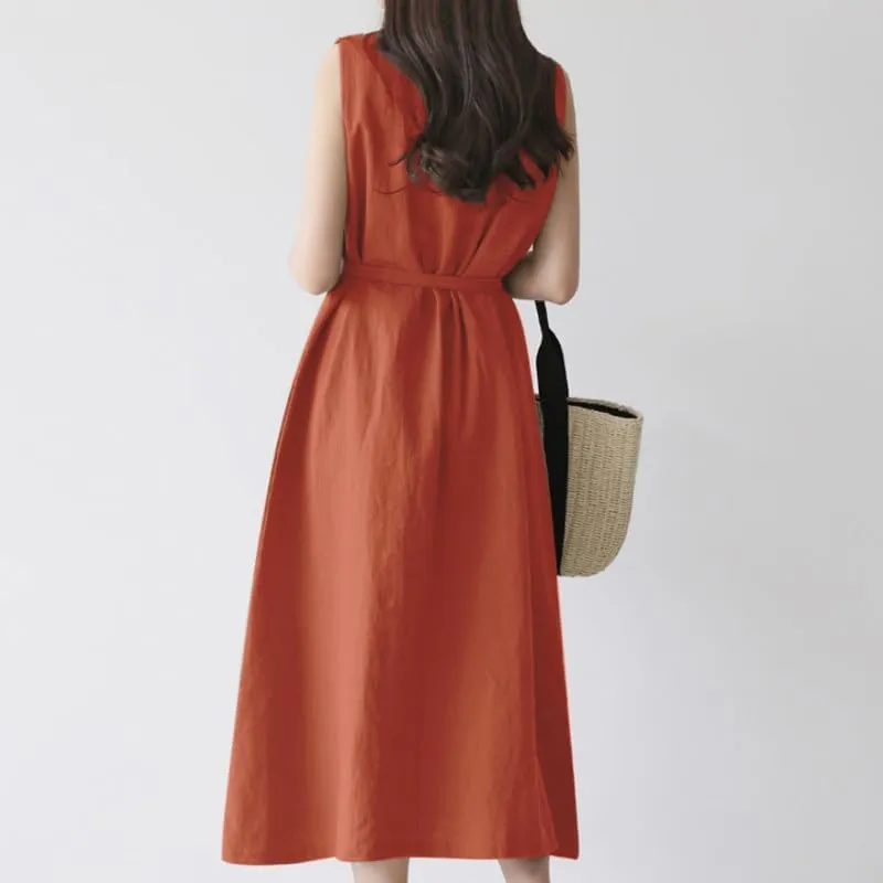 Summer Dresses for Women 2025 Vacation Maxi Sleeveless Round Neck Linen Dresses Tie Waist Casual Business Long Dress