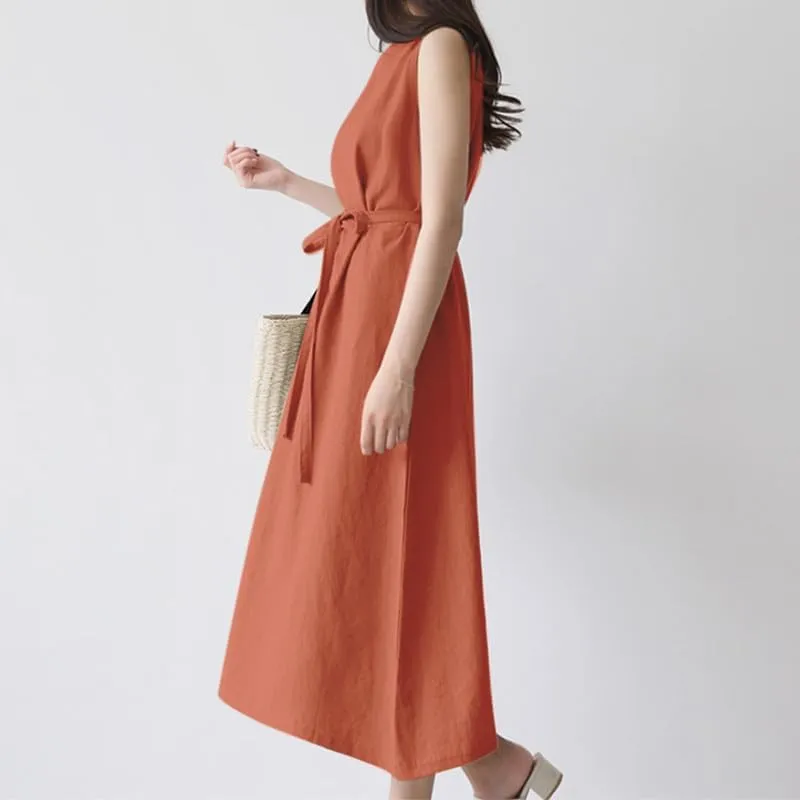 Summer Dresses for Women 2025 Vacation Maxi Sleeveless Round Neck Linen Dresses Tie Waist Casual Business Long Dress