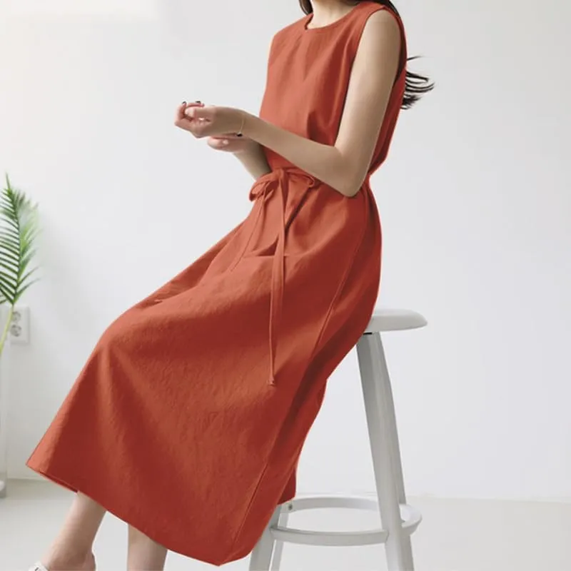 Summer Dresses for Women 2025 Vacation Maxi Sleeveless Round Neck Linen Dresses Tie Waist Casual Business Long Dress