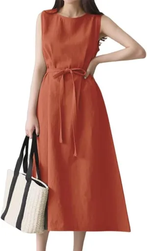 Summer Dresses for Women 2025 Vacation Maxi Sleeveless Round Neck Linen Dresses Tie Waist Casual Business Long Dress