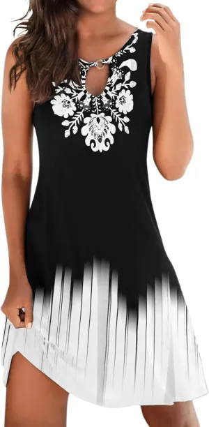 Summer Dresses for Women 2025,Women's Casual Short Mini Dresses Keyhole V Neck Sleeveless Dress Beach Sundresses