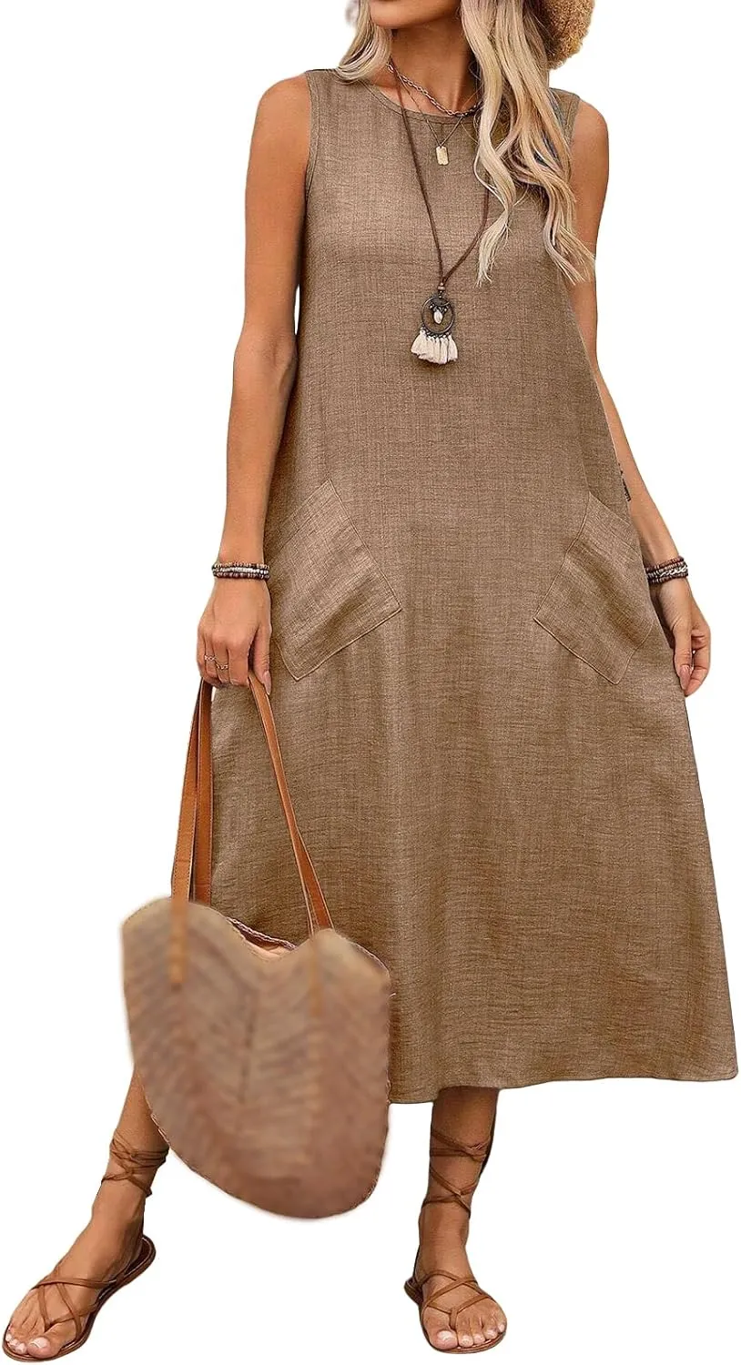 Summer Maxi Dresses for Women 2025 Casual A Line Dress Loose Fashion Tank Tunic Beach Vacation Sundress with Pockets
