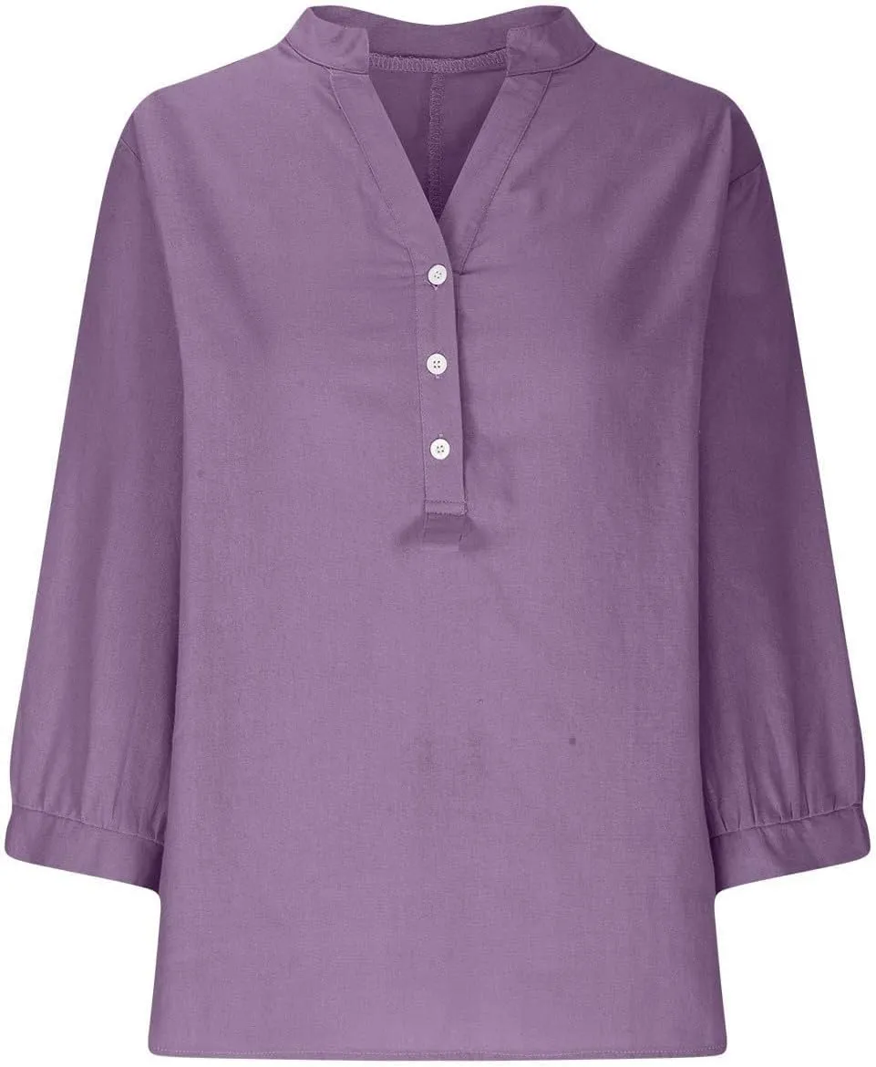 Summer Tops for Women 2025 Trendy V Neck Gauze Plus Size Button Down Shirts Womens 3/4 Sleeve Tops and Blouses
