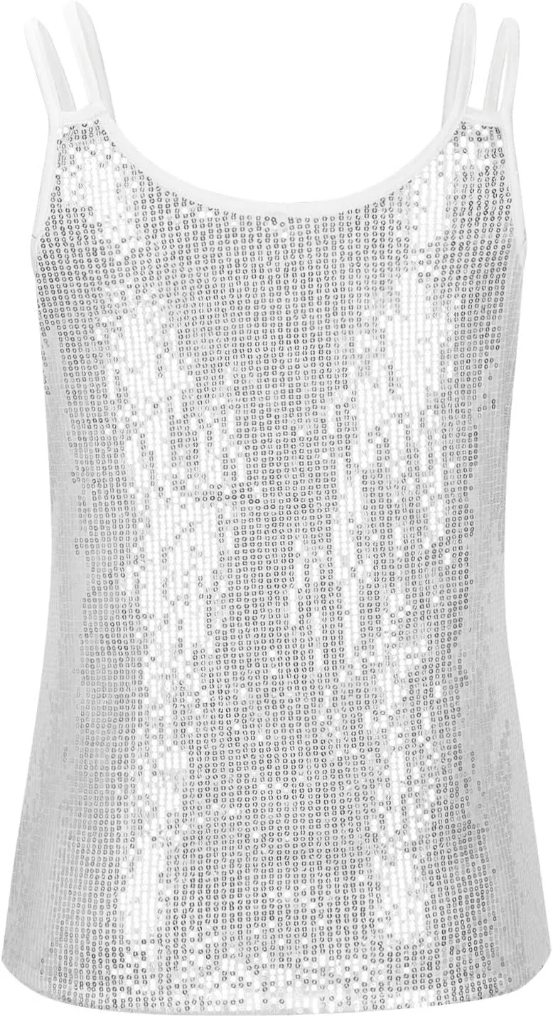 Women Disco Sequin Cami Tops Summer Sexy V Neck Sparkly Club Party Tank Tops Spaghetti Straps Glitter Concert Outfit