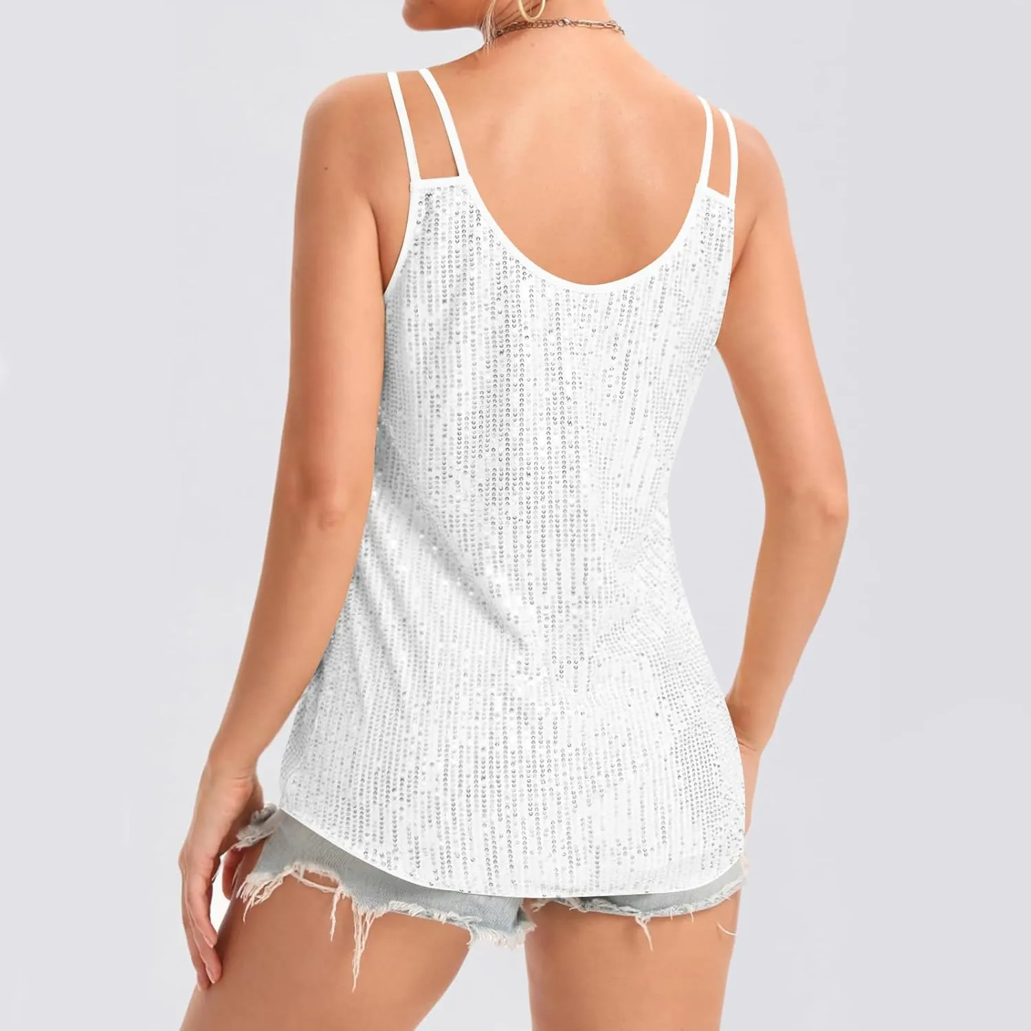 Women Disco Sequin Cami Tops Summer Sexy V Neck Sparkly Club Party Tank Tops Spaghetti Straps Glitter Concert Outfit