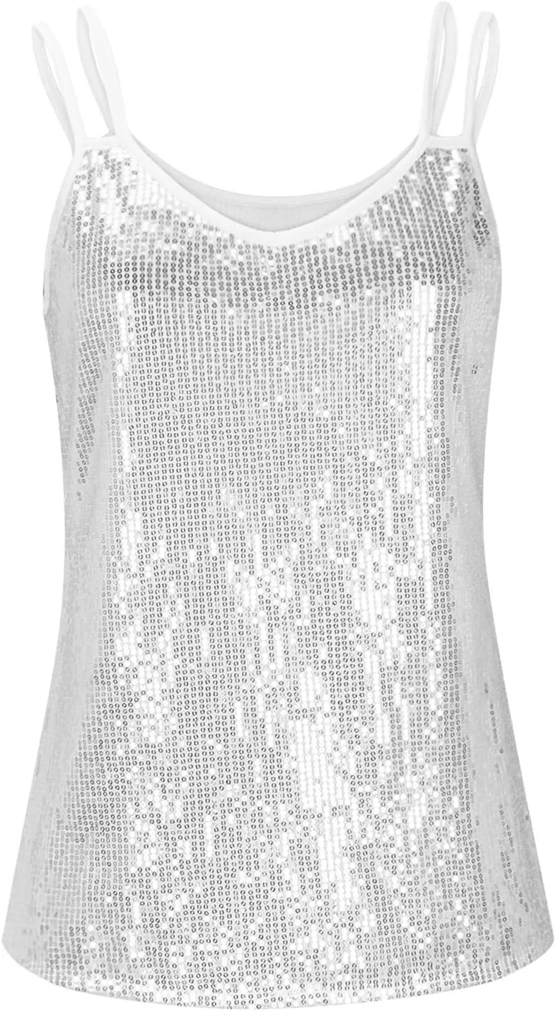 Women Disco Sequin Cami Tops Summer Sexy V Neck Sparkly Club Party Tank Tops Spaghetti Straps Glitter Concert Outfit