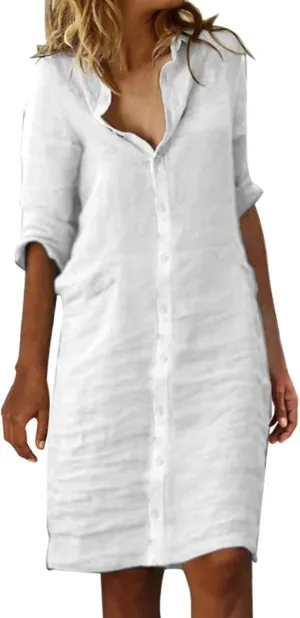 Women Linen Dress Loose Flowy Half Sleeve Button Down Resort Dresses Homecoming Solid Cruise Outfits for Women 2025