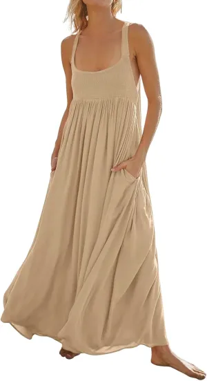 Women Loose Fit Flowy Spaghetti Strap Summer Casual Sleeveless Dress Flowy Long Maxi Beach Vacation Dresses Pockets