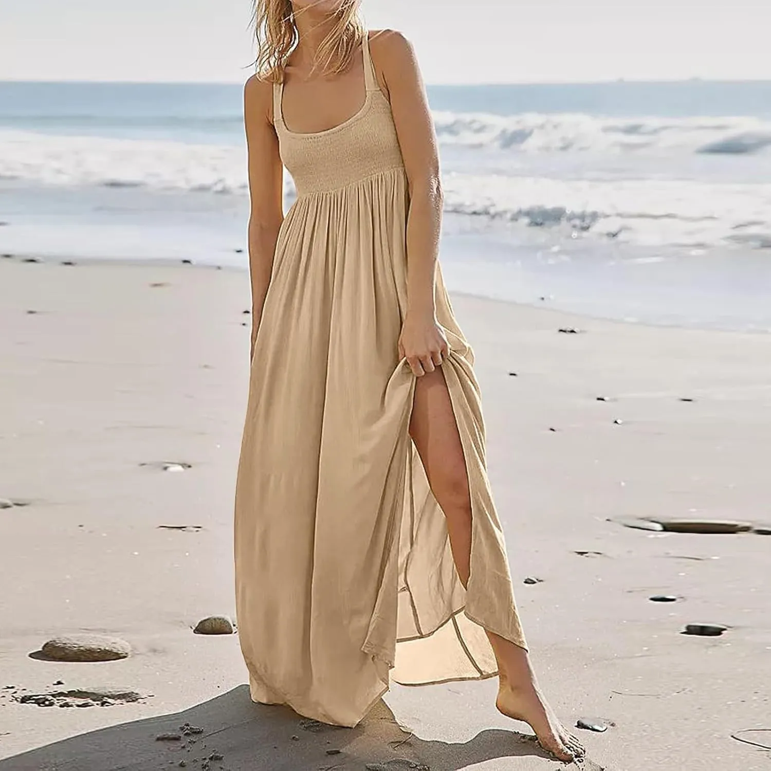 Women Loose Fit Flowy Spaghetti Strap Summer Casual Sleeveless Dress Flowy Long Maxi Beach Vacation Dresses Pockets