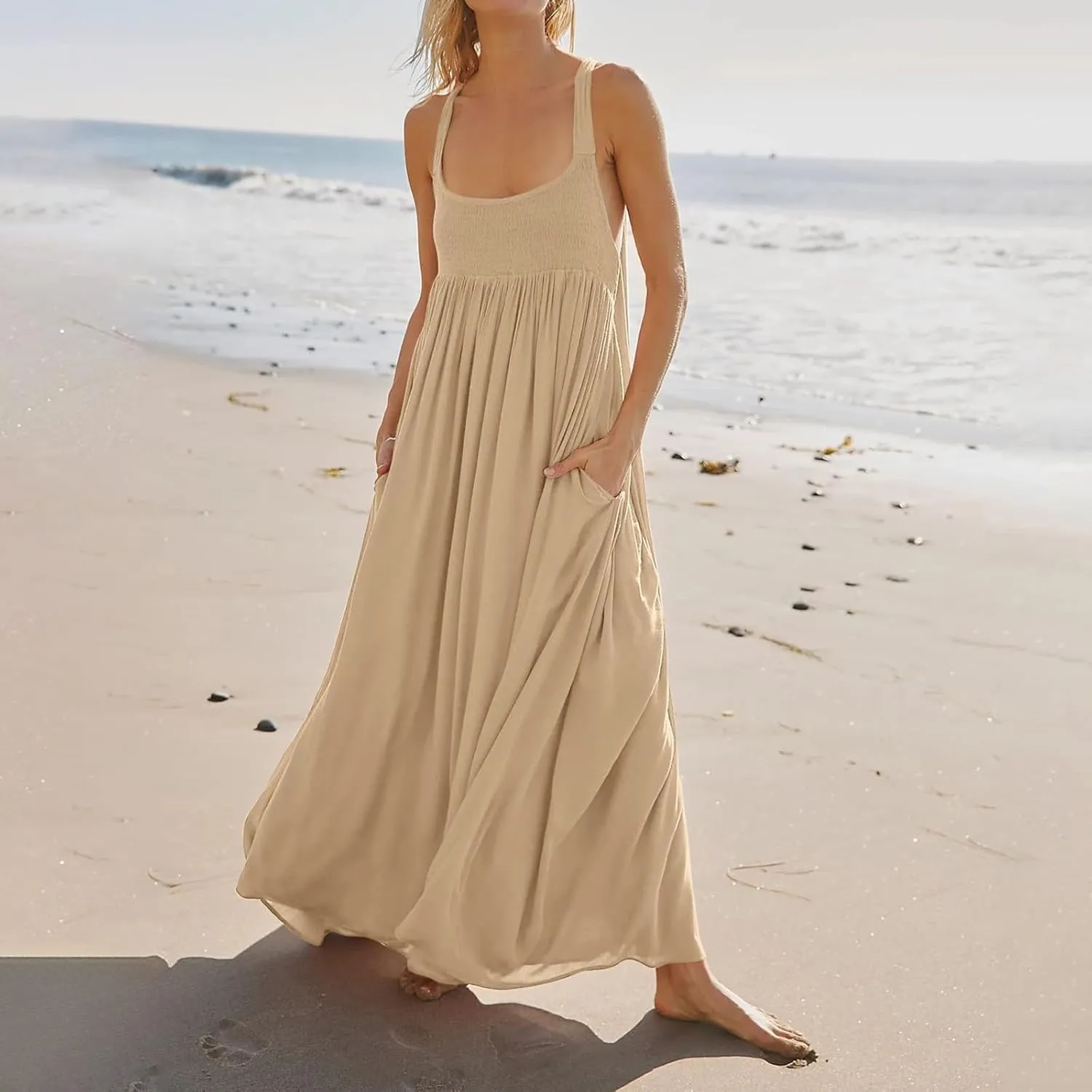 Women Loose Fit Flowy Spaghetti Strap Summer Casual Sleeveless Dress Flowy Long Maxi Beach Vacation Dresses Pockets