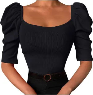 Women Puff Half Sleeve Square Neck Crop Top Summer Slim Fit Blouses T Shirt Casual Ribbed Shirt Basic Knit Tees