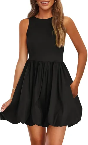 Womens Casual Summer Dresses Business Mini Dress Sleeveless Tank Short Dress Crew Neck Bubble Beach Sundress Pockets