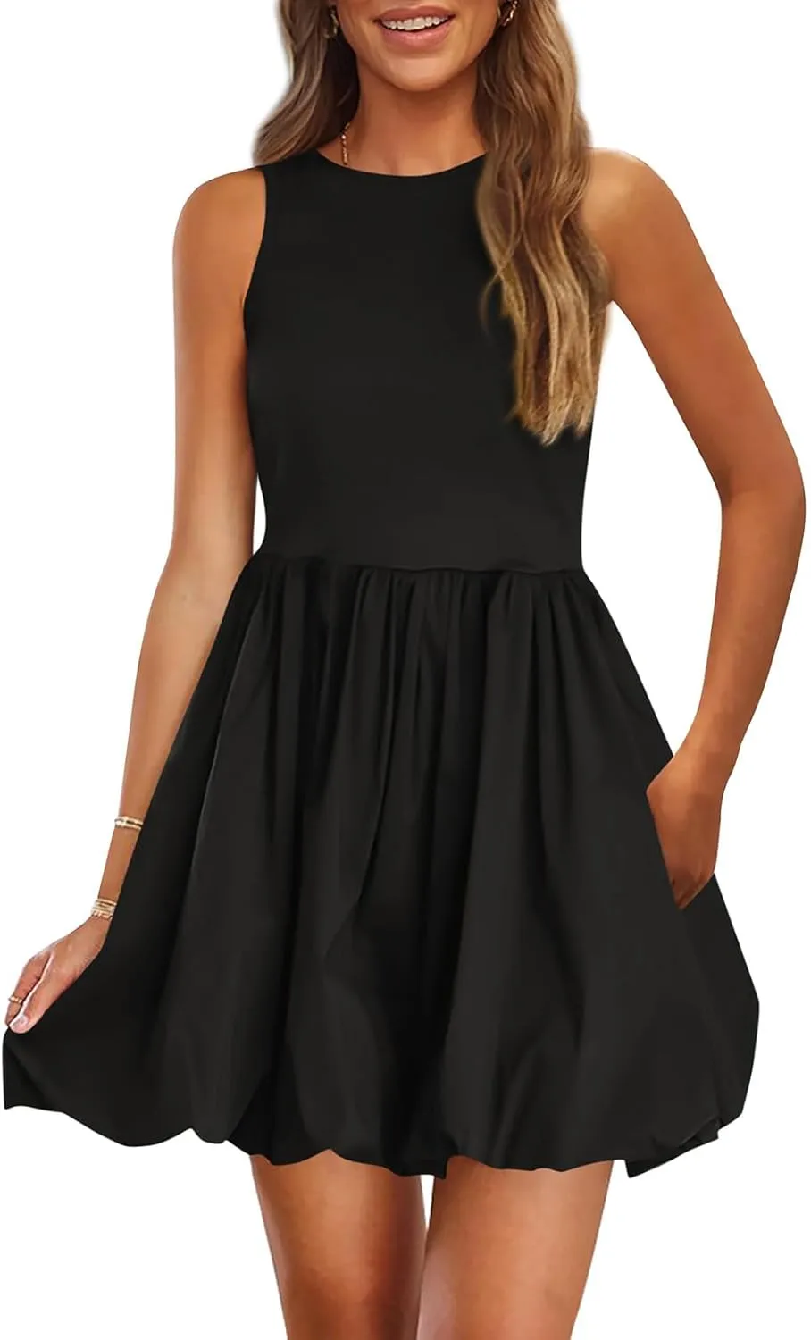Womens Casual Summer Dresses Business Mini Dress Sleeveless Tank Short Dress Crew Neck Bubble Beach Sundress Pockets