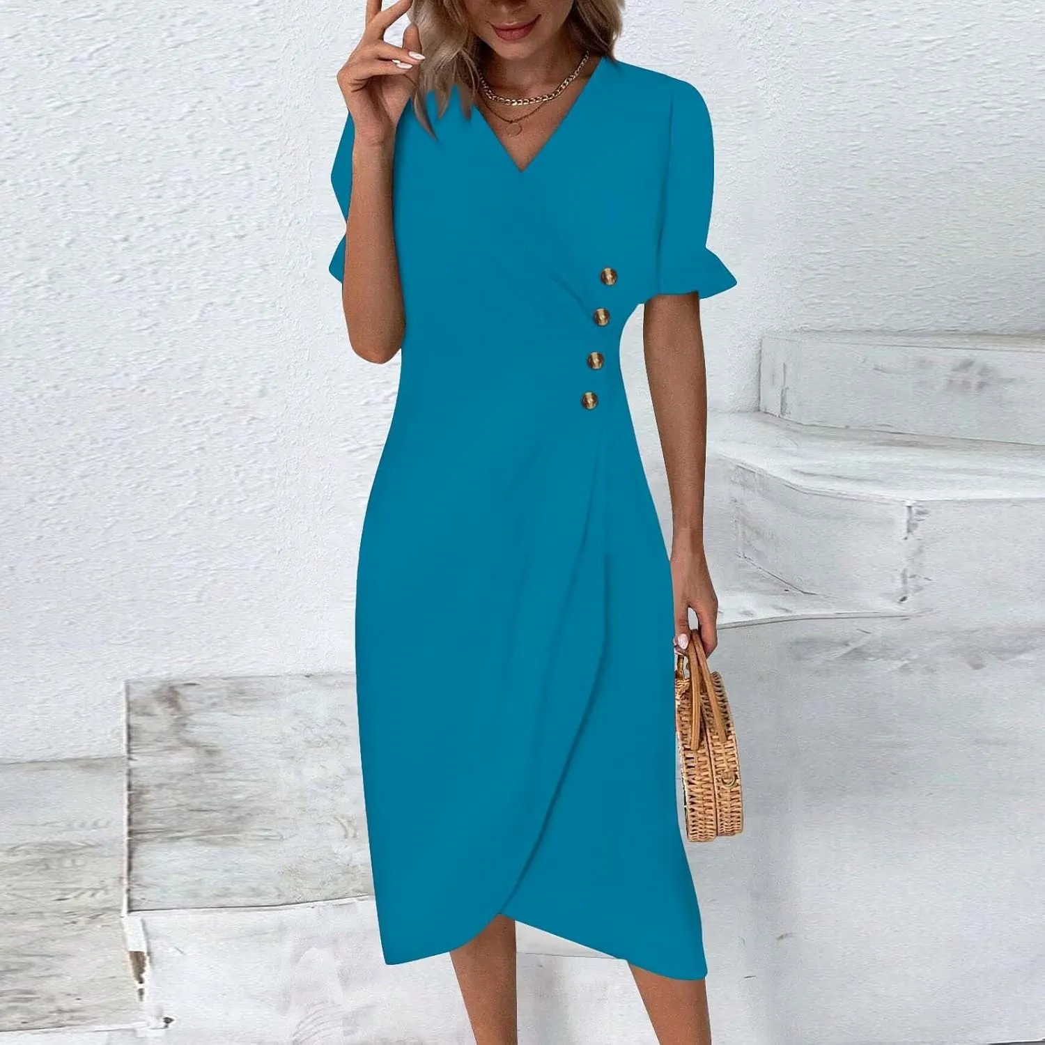 Women's Casual Summer Ruffle Short Sleeve T Shirts Maxi Dress 2025 Spring V Neck Flowy Tiered Boho Beach Dresses