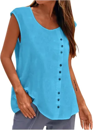 Women's Cotton Linen Tank Tops Trendy Crewneck Sleeveless Button Solid Tunic Tank Casual Summer Outdoor Dressy Vest