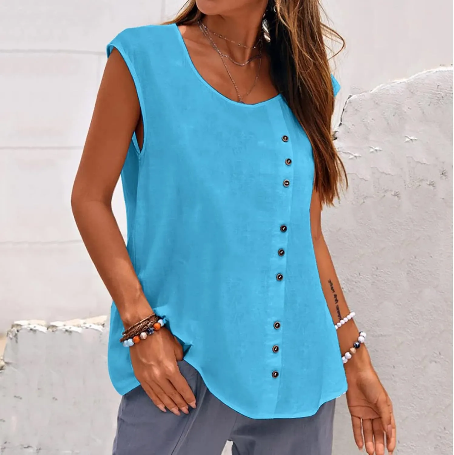 Women's Cotton Linen Tank Tops Trendy Crewneck Sleeveless Button Solid Tunic Tank Casual Summer Outdoor Dressy Vest