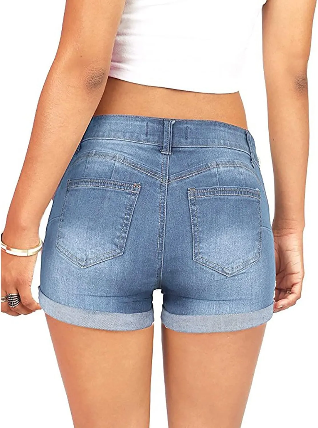 Womens Ripped Denim Shorts Mid Rise Stretchy Solid Casual Mom Jeans Shorts Rolled Up Hem Slim Shorts