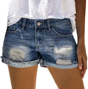 Womens Ripped Denim Shorts Mid Rise Stretchy Solid Casual Mom Jeans Shorts Rolled Up Hem Slim Shorts
