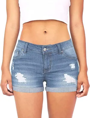 Womens Ripped Denim Shorts Mid Rise Stretchy Solid Casual Mom Jeans Shorts Rolled Up Hem Slim Shorts