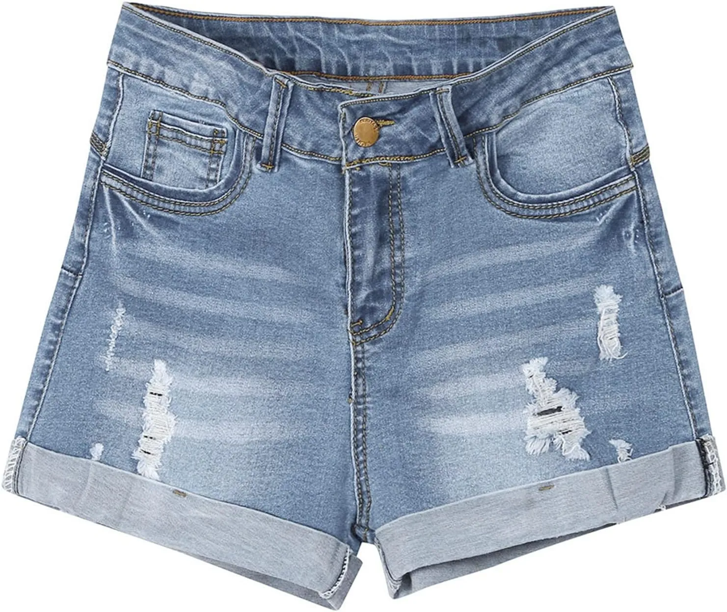 Womens Ripped Denim Shorts Mid Rise Stretchy Solid Casual Mom Jeans Shorts Rolled Up Hem Slim Shorts