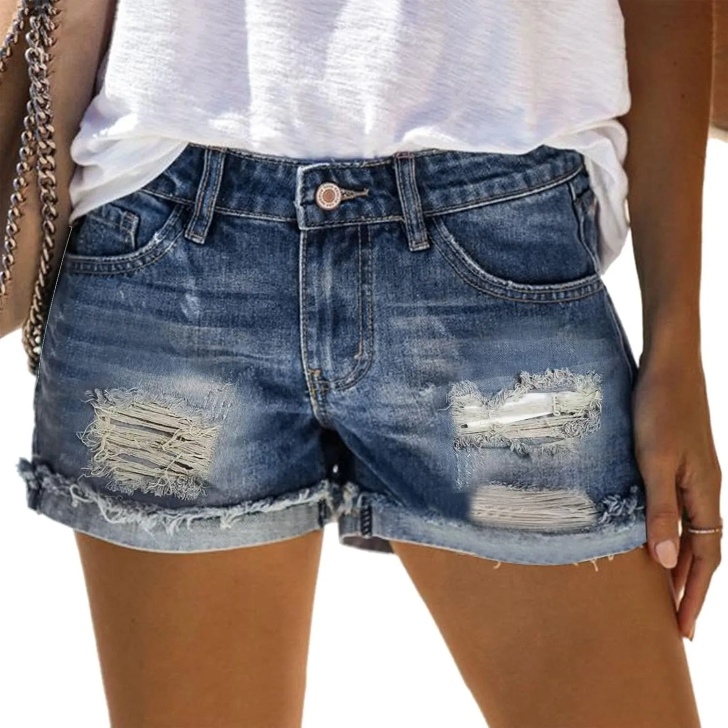 Womens Ripped Denim Shorts Mid Rise Stretchy Solid Casual Mom Jeans Shorts Rolled Up Hem Slim Shorts