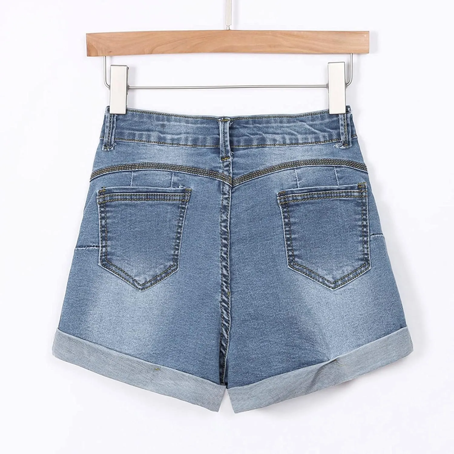 Womens Ripped Denim Shorts Mid Rise Stretchy Solid Casual Mom Jeans Shorts Rolled Up Hem Slim Shorts