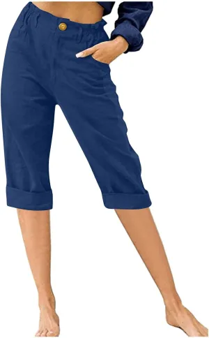 Womens Shorts Casual Loose Summer Beach Cotton Linen Lounge Shorts Distressed Trendy Button Knee Length Shorts with Pockets