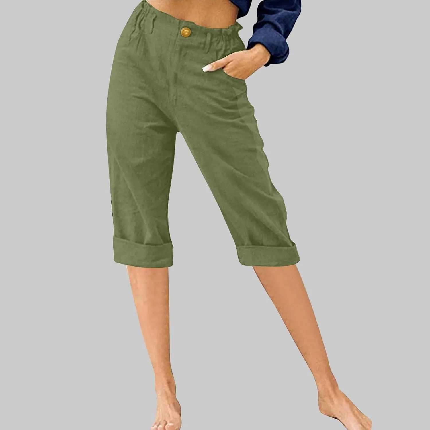 Womens Shorts Casual Loose Summer Beach Cotton Linen Lounge Shorts Distressed Trendy Button Knee Length Shorts with Pockets