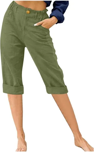 Womens Shorts Casual Loose Summer Beach Cotton Linen Lounge Shorts Distressed Trendy Button Knee Length Shorts with Pockets