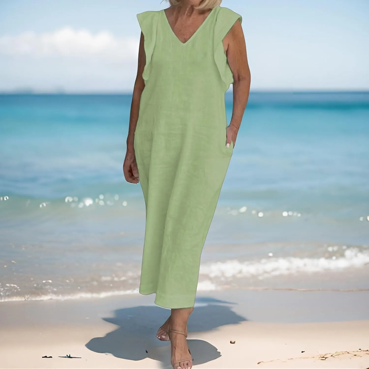 Womens Summer Casual Tank Dress Sleeveless V Neck Cotton Linen Maxi Dress Loose Flowy Beach Long Sundress with Pocket