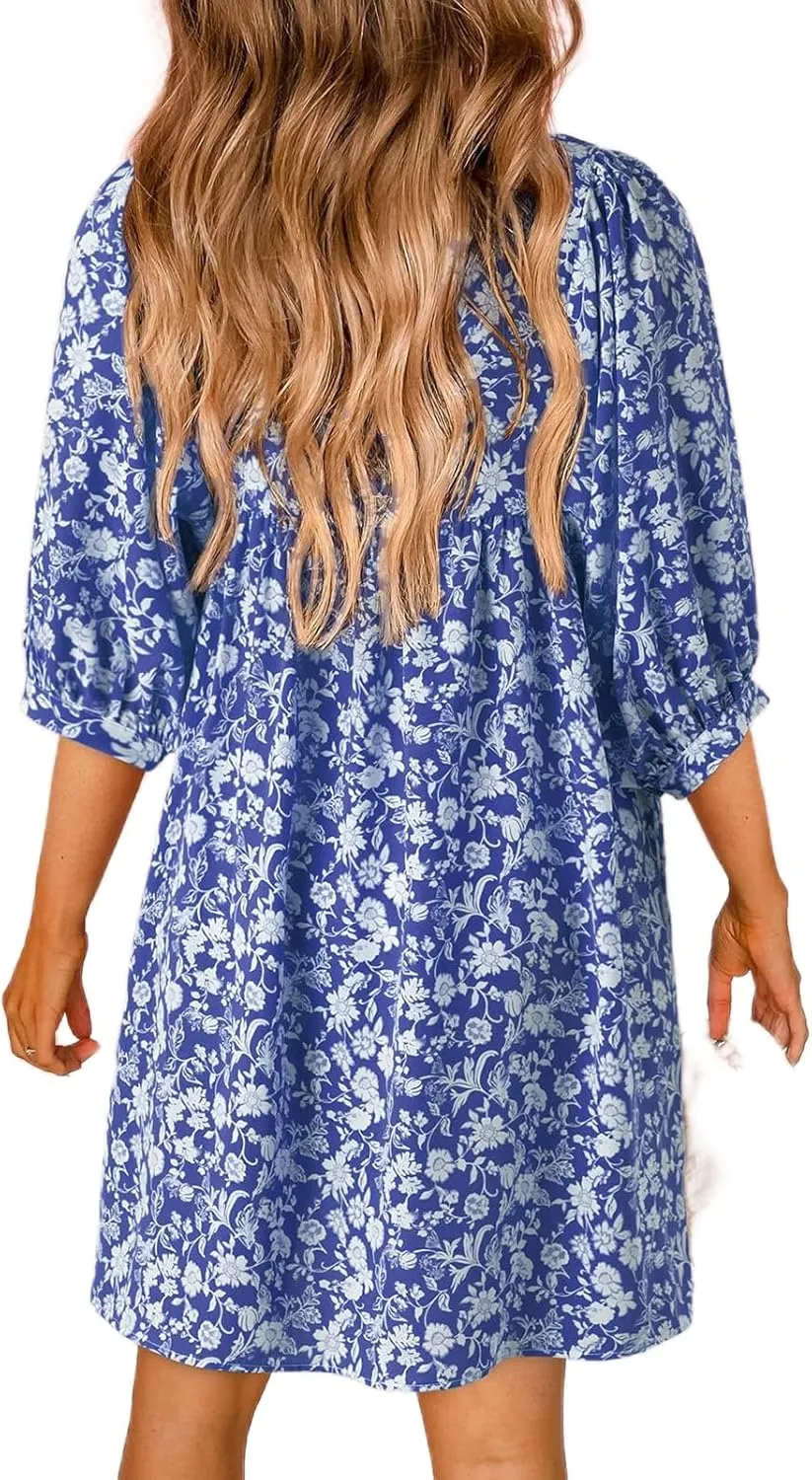 Womens Summer Dresses Bohemian Floral Lantern Sleeve V Neck Flowy A-Line Mini Dress 2025 Vacation Beach Dress