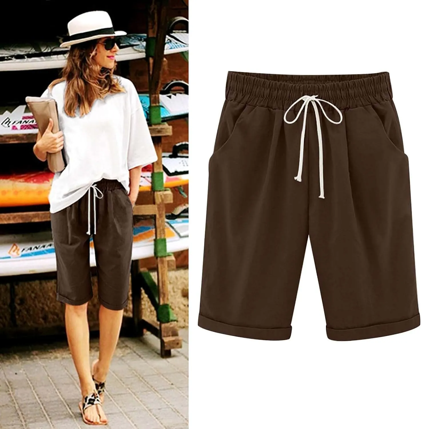 ZDRZK Summer Shorts for Women 2024 Elastic High Waisted Drawstring Casual Shorts Work Office Comfy Shorts with Plus Size