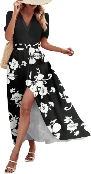 ZEFOTIM Long Dresses for Women Casual Sexy Floral Dress Short Sleeve V Neck Dresses with Slit