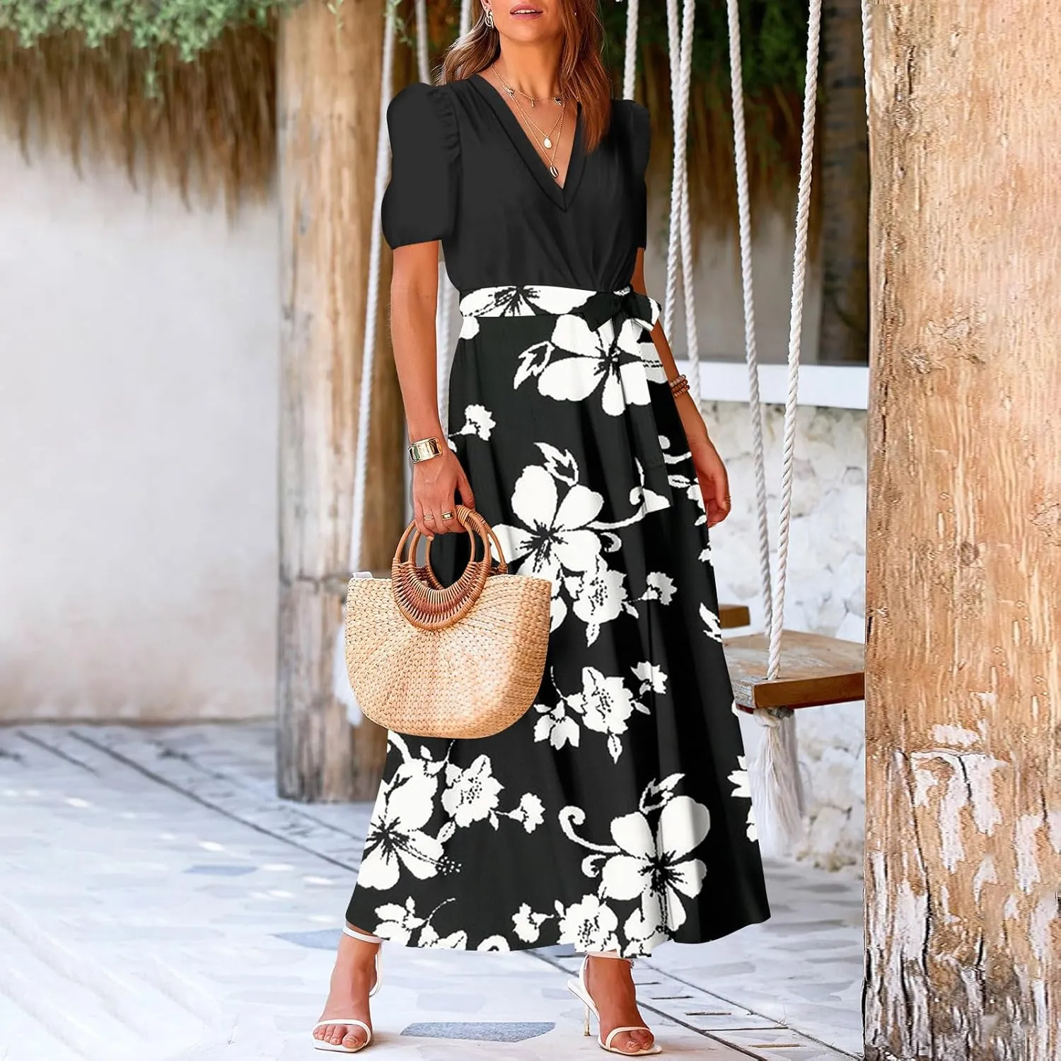 ZEFOTIM Long Dresses for Women Casual Sexy Floral Dress Short Sleeve V Neck Dresses with Slit