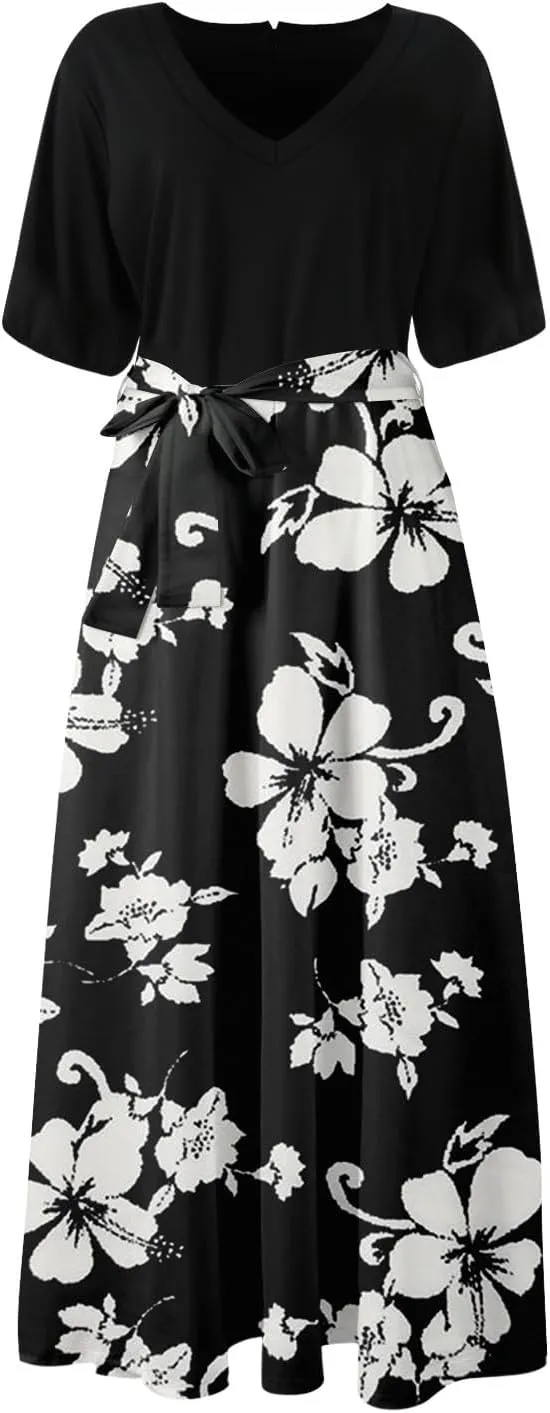 ZEFOTIM Long Dresses for Women Casual Sexy Floral Dress Short Sleeve V Neck Dresses with Slit