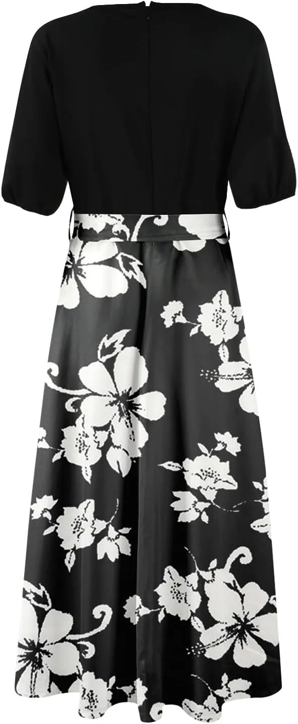 ZEFOTIM Long Dresses for Women Casual Sexy Floral Dress Short Sleeve V Neck Dresses with Slit