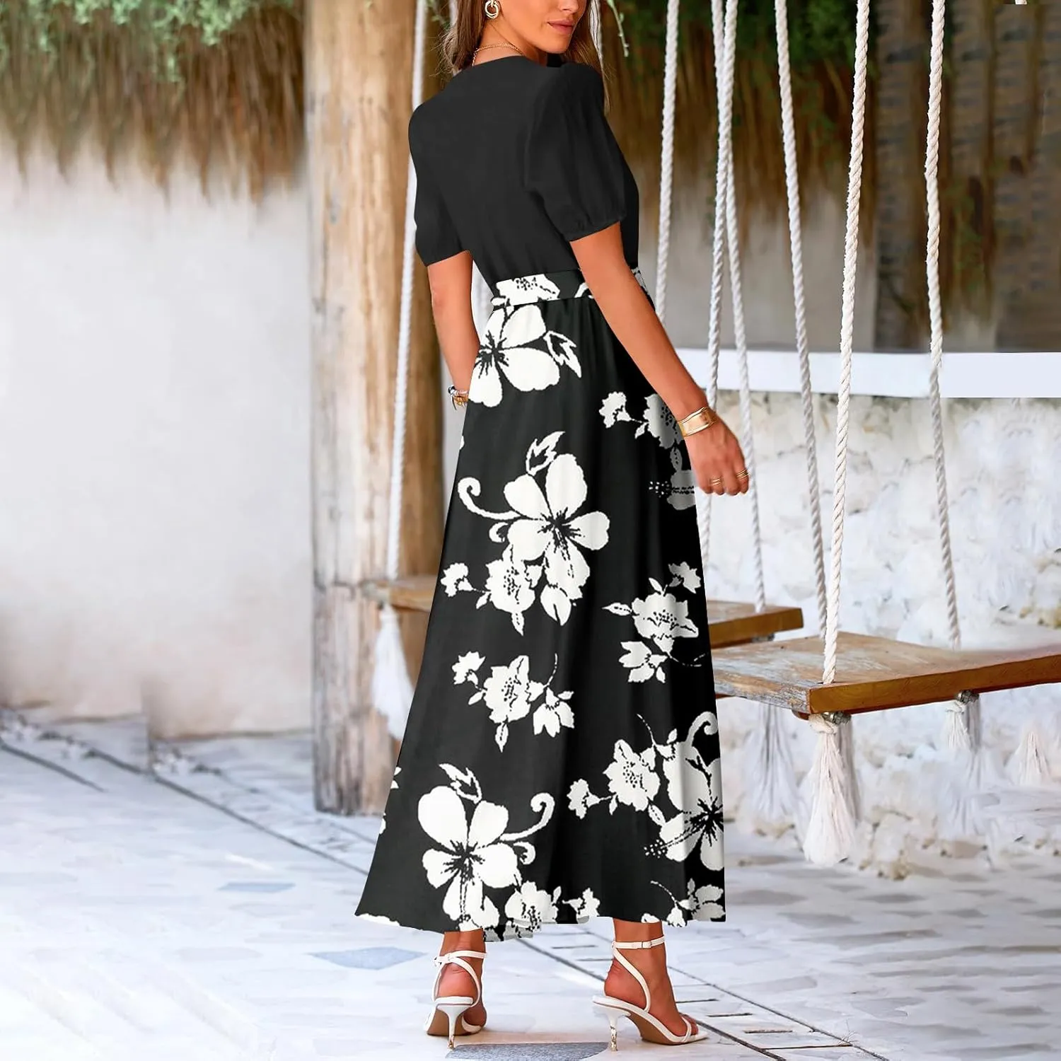 ZEFOTIM Long Dresses for Women Casual Sexy Floral Dress Short Sleeve V Neck Dresses with Slit