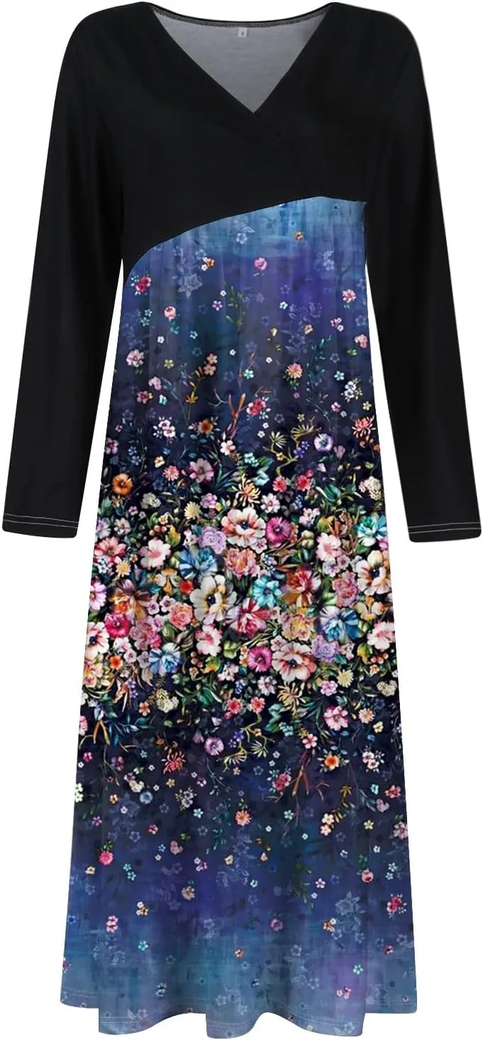 ZEFOTIM Long Sleeve Dresses for Women Floral Dress for Women Plus Size Summer Dresses Maxi Dress V Neck Dress Spring Dress