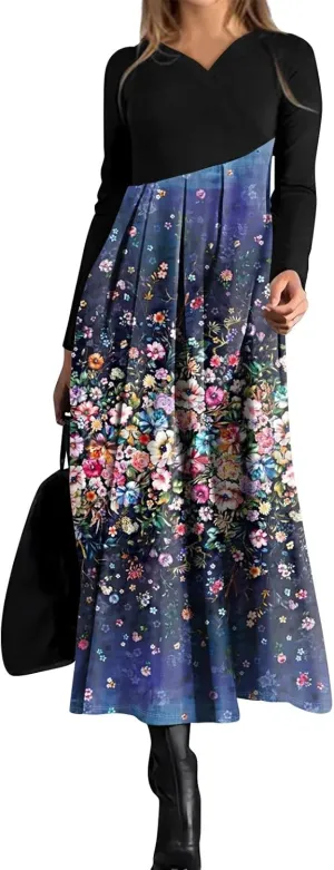 ZEFOTIM Long Sleeve Dresses for Women Floral Dress for Women Plus Size Summer Dresses Maxi Dress V Neck Dress Spring Dress