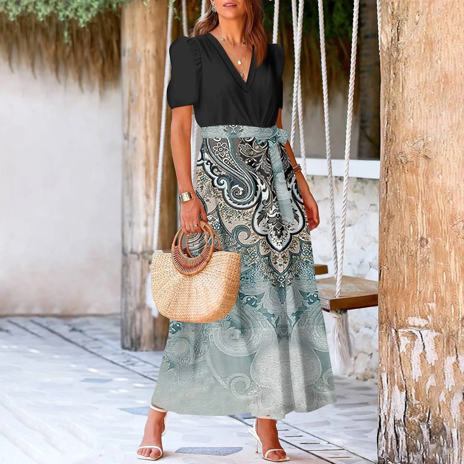 ZEFOTIM Maxi Dress for Women Flower Floral Dress Short Sleeve V Neck Dresses with Slit