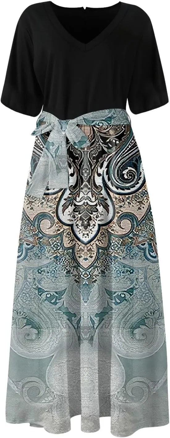 ZEFOTIM Maxi Dress for Women Flower Floral Dress Short Sleeve V Neck Dresses with Slit