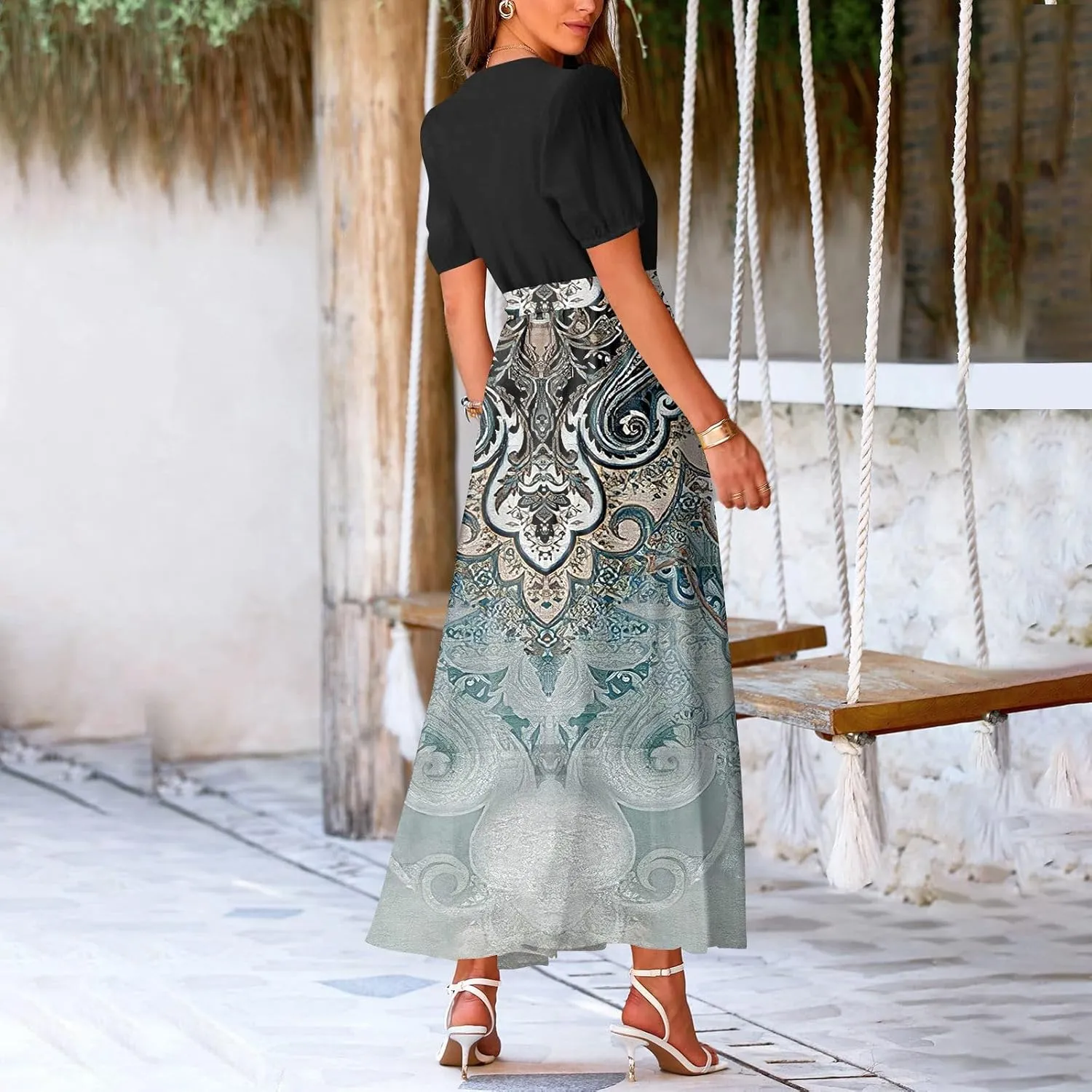 ZEFOTIM Maxi Dress for Women Flower Floral Dress Short Sleeve V Neck Dresses with Slit