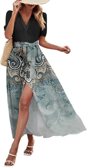 ZEFOTIM Maxi Dress for Women Flower Floral Dress Short Sleeve V Neck Dresses with Slit