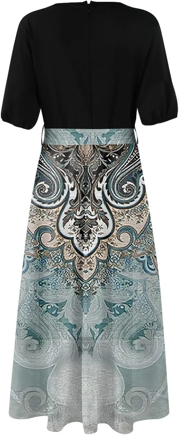 ZEFOTIM Maxi Dress for Women Flower Floral Dress Short Sleeve V Neck Dresses with Slit